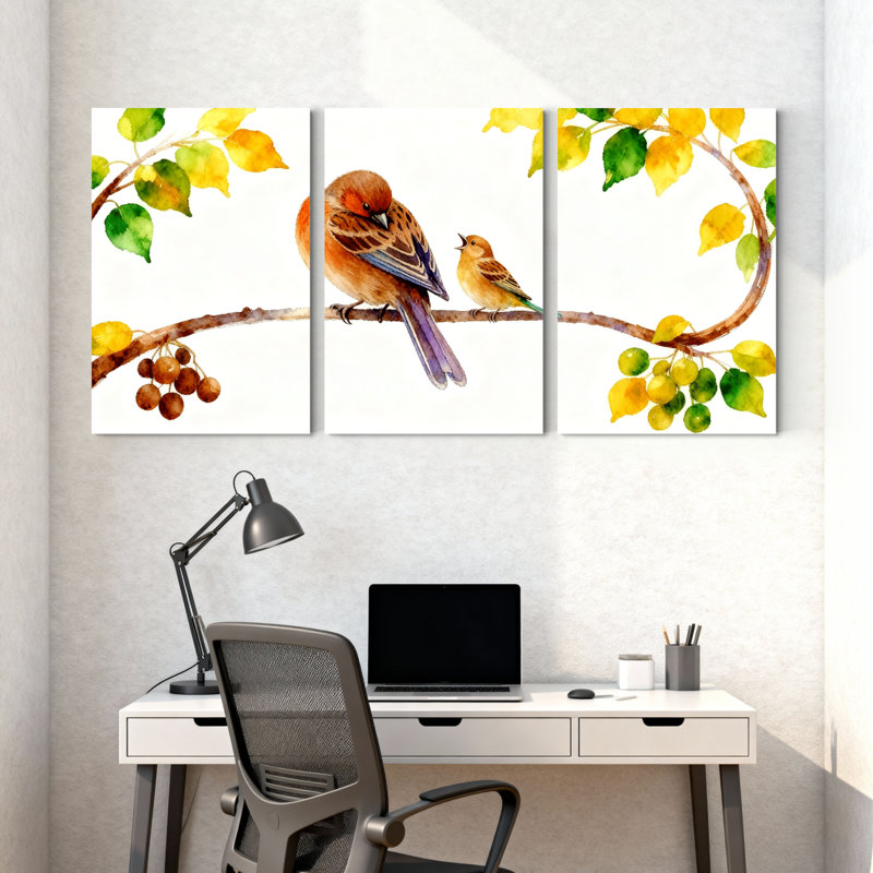 Oiseaux perchés sur une branche avec des feuilles et des baies, ensemble de 3 impressions sur toile, H 36 po x l 72 po