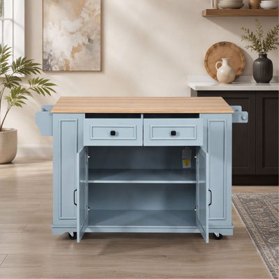 Îlot de cuisine mobile de 54 po avec porte vitrée, prise de courant et tablettes ouvertes, chariot de cuisine roulant avec porte-serviettes, support à épices et porte-couteaux, table de préparation fonctionnelle pour la cuisine, la salle à manger