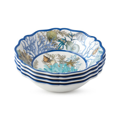 Blue Lagoon Melamine All-Purpose Bowls Set of 4, 8.5" x 2", 28oz – Coastal Blues and Coral White Design, Perfect for Serving Soups, Salads, or Snacks