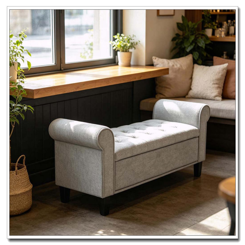 Banc de rangement touffeté à accoudoirs roulés, Gris, Gris