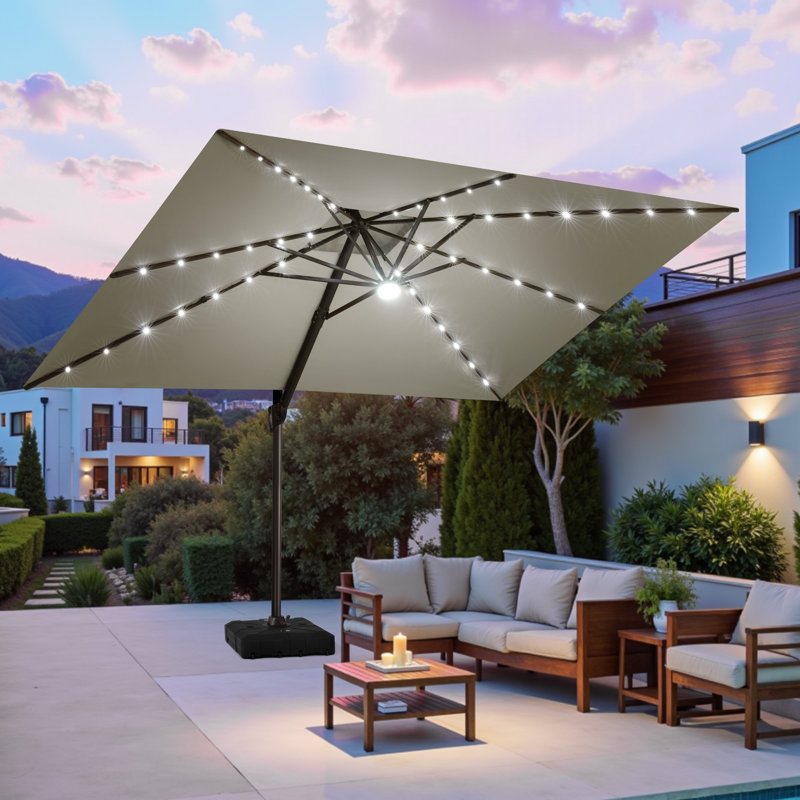 Parasol en porte-à-faux à lumière solaire 11 pi x 9 pi avec base lestée pour patio