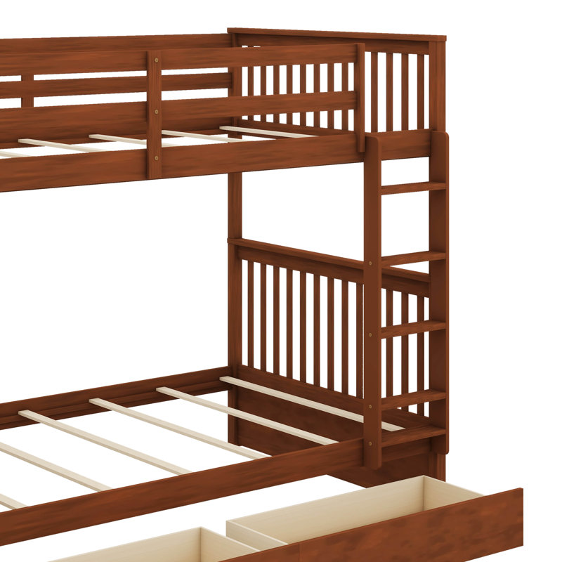 Bunk Beds With 2 Storage Drawers, Solid Wood Bunk Bed With Ladder And Safety Guardrail, Convertible Bunk Beds, Walnut