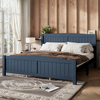 Rustic Solid Wood Panel Bed Frame with Curved Vertical Slatted Headboard, No Box Spring Required,Sturdy Wood Slat Support