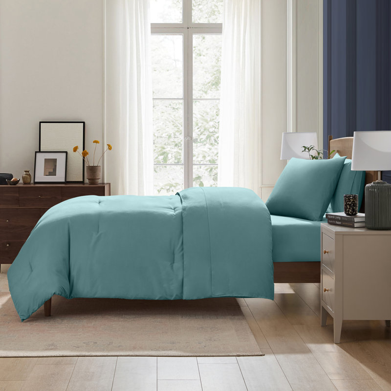Ensemble d'édredon en microfibre 5 pièces avec draps, Bleu minéral, Édredon simple très long + 4 pièces supplément