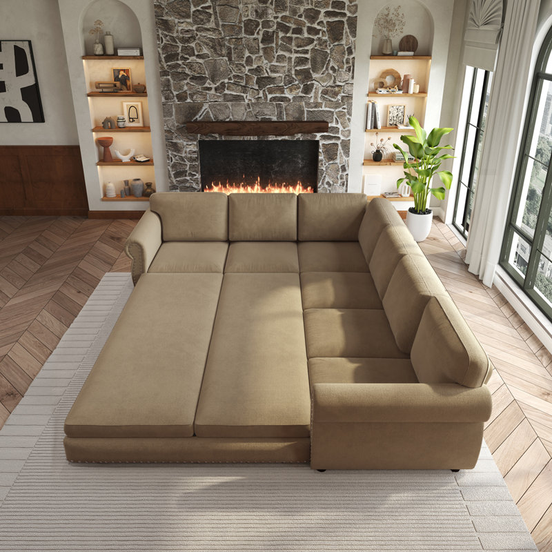 Canapé modulaire en L avec lit escamotable, Chenille brun clair