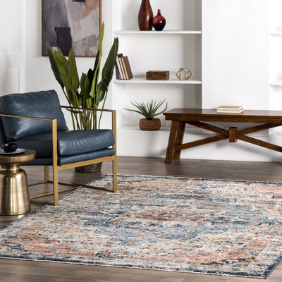 Deja Traditional Power Loom Performance Coral/ Navy Rug