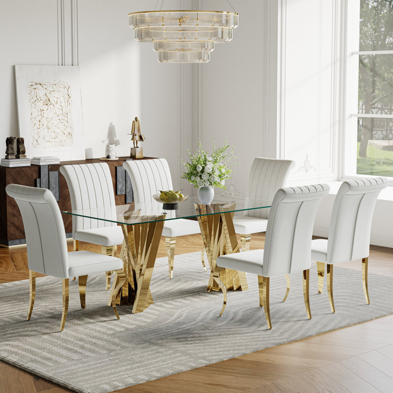 Ensemble de salle à manger moderne - table de salle à manger en verre 70 po avec base en acier inoxydable et chaises à rayures à haut dossier