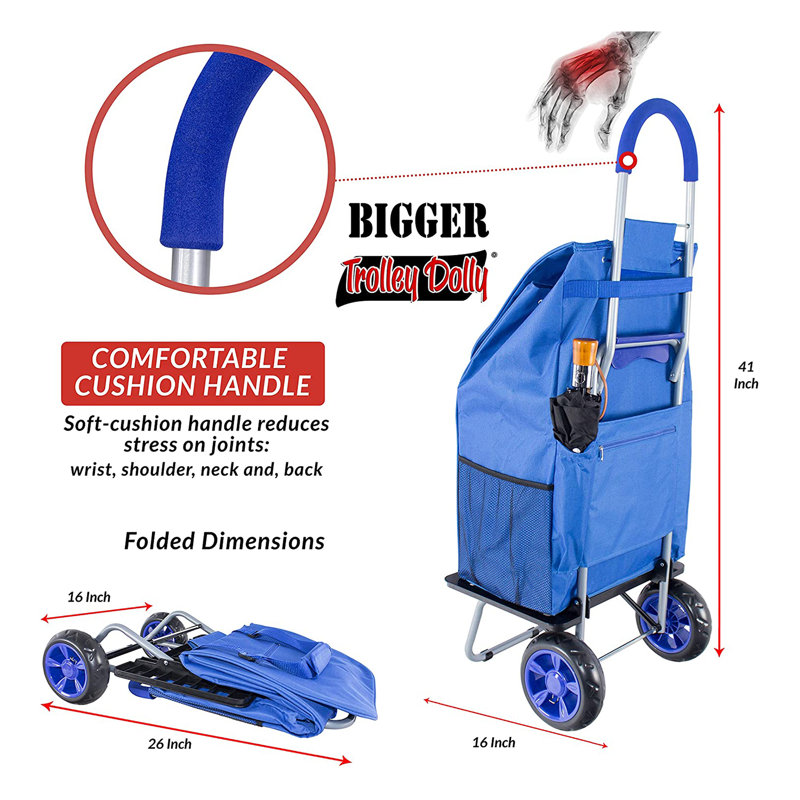 Dbest Products Bigger Trolley Dolly, Blue Shopping Grocery Foldable Cart, Blue