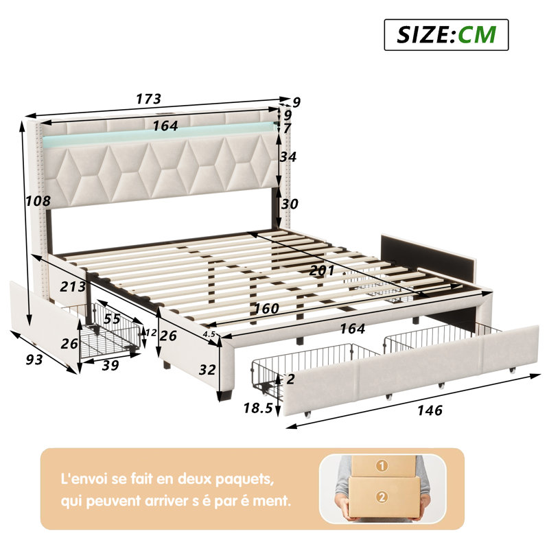 Storage Bed, Beige, European Kingsize (160 x 200 cm)