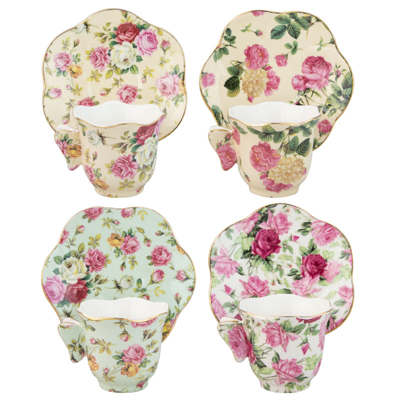  Porcelain Rose Chintz Espresso Cup and Saucer with Butterfly Handle Assorted (Set of 4)