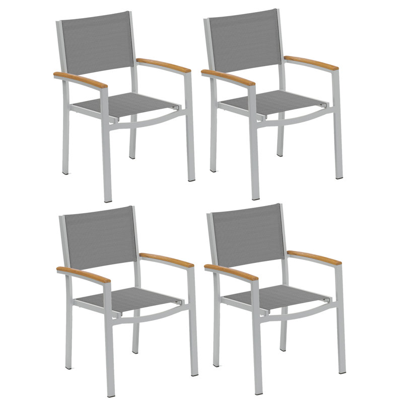 Travira Stacking Patio Arm Chair, Titanium Basketweave, Tekwood Natural, Flint