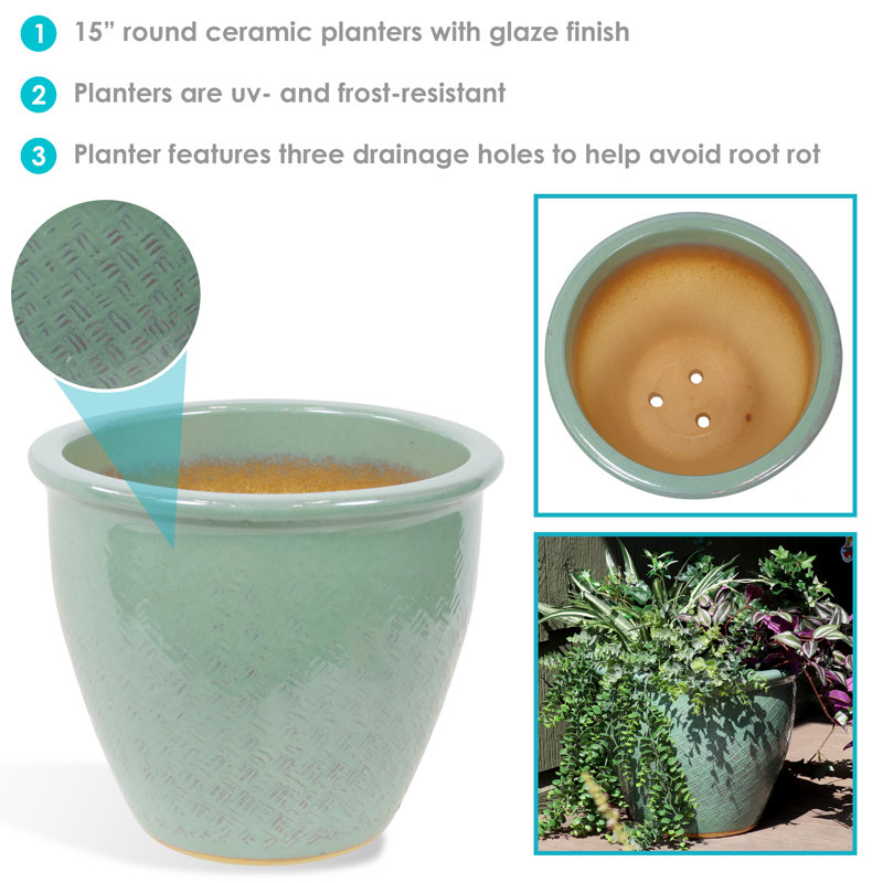 Round Ceramic Outdoor Planter - 15" x 15" x 12" - Seaside Dreams, Seaside Dreams