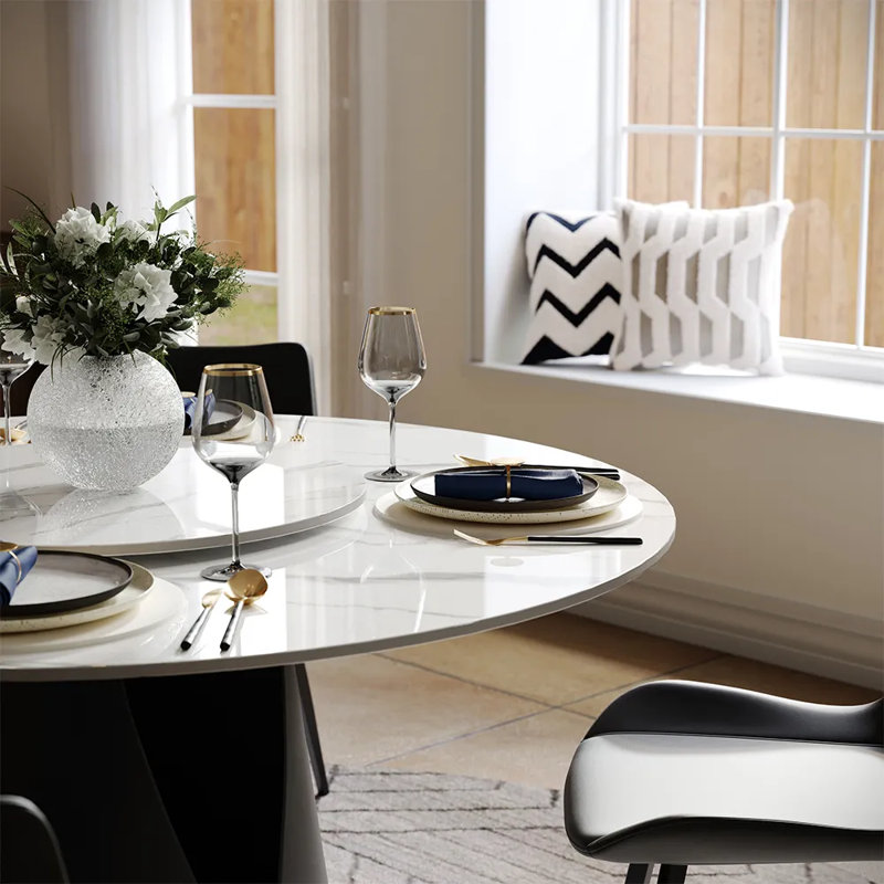  Modern Sintered Stone Round Dining Table for 4-6 with Pedestal Base and Lazy Susan, Glossy White, Black, 47"+23.6"
