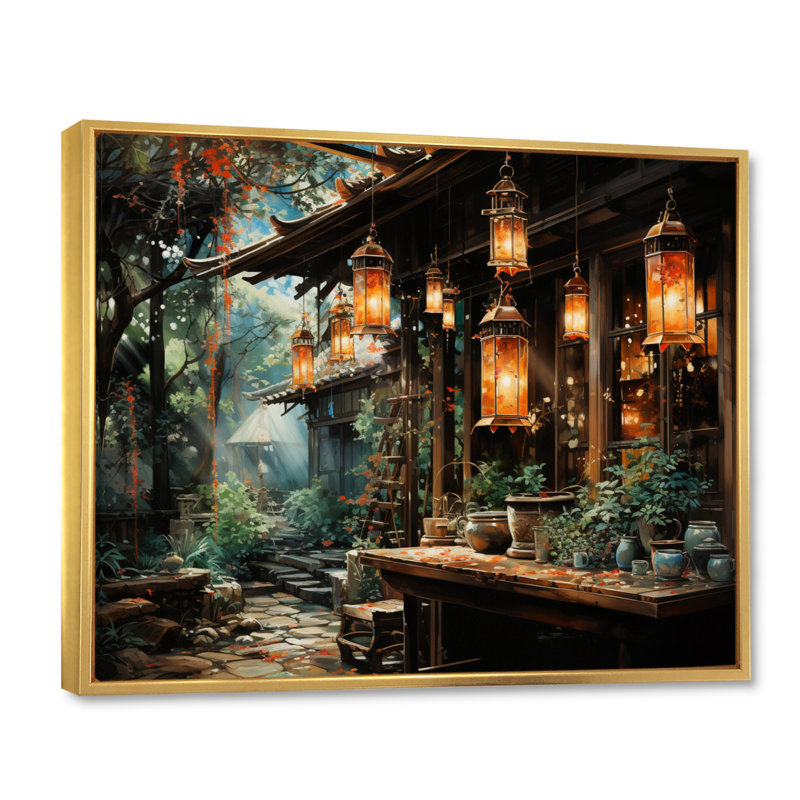 Japon Art Paper Lantern Glow IV - Japanese Canvas Wall Art, H 34 po x l 44 po x P 1,5 po, Cadre flottant doré