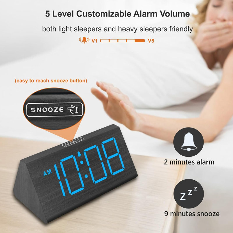 Réveils-matin en bois Dreamsky, Noir, H 2,7 po x l 5,96 po x P 3,2 po