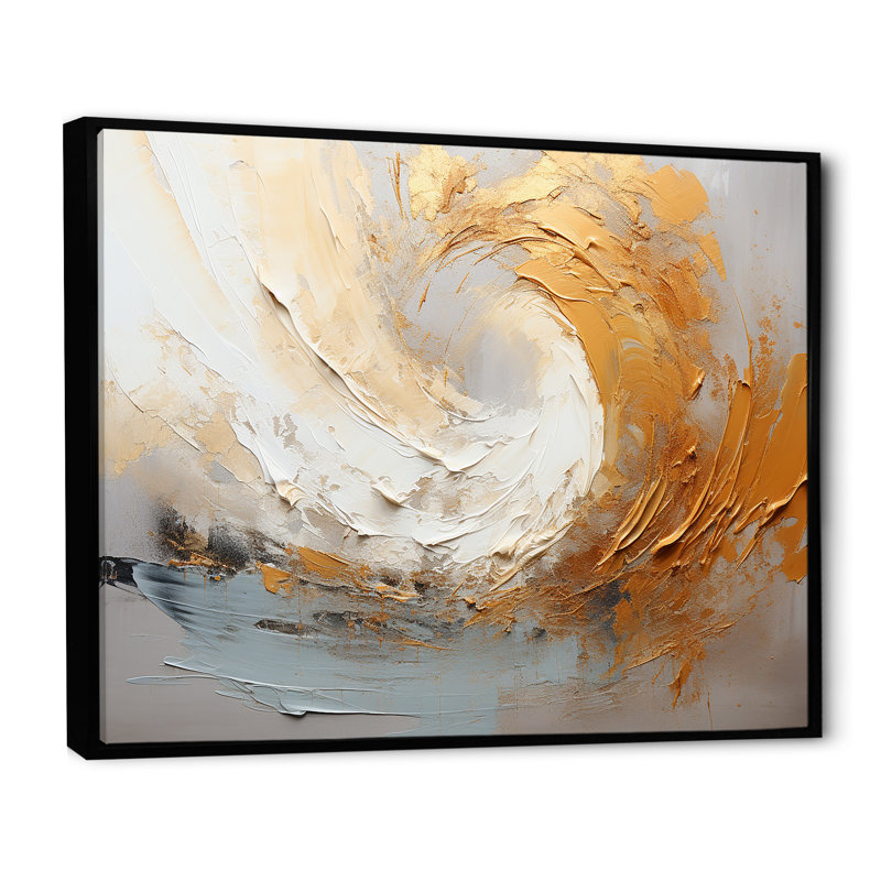 Or et beige, vague douce, peinture III - formes abstraites, art mural, Cadre flottant noir, H 16 po x l 32 po x P 1 po