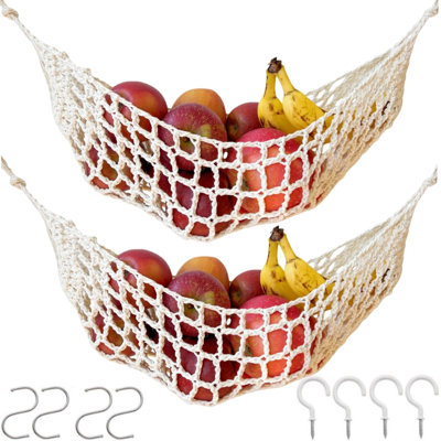 2-Pack Hanging Fruit Hammock with Hooks - Macrame Under Cabinet Veggie Banana Basket, Hand-Woven Boho Fruit Holder, Save Counter Space for Kitchen Home RV Boat (Ivory)