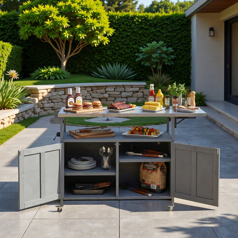 Îlot de cuisine extérieur pliable avec plan de travail en acier inoxydable, roues verrouillables, armoire de rangement, porte-serviettes et épice à deux niveaux