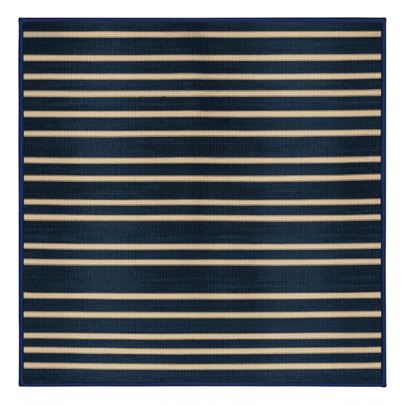 Washable Midnight Blue Cream Striped Area Rug, Square 5'