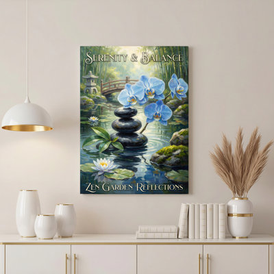 Serenity And Balance Zen Garden Reflections Orchid And Water Lily Canvas Wrapped Wall Art Oil Painting Print Set Of 1