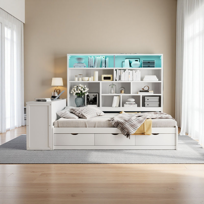 Lit de jour double en bois avec trois tiroirs, bureau, tablettes et lumières, Blanc