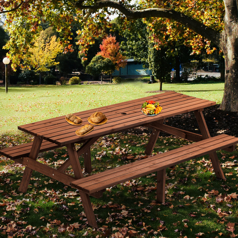 Table de pique-nique pour 8 personnes, en bois brun avec 2 sièges et bancs intégrés, capacité en bois de 2220Lb