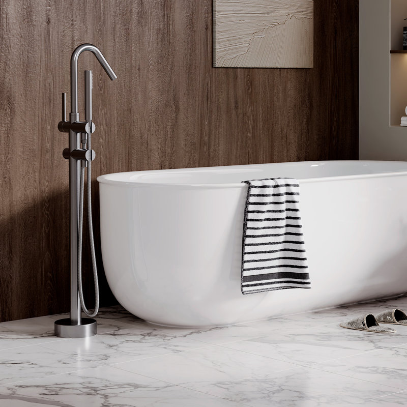 Floor Mount Bathtub Faucet, Faucet Freestanding Tub Filler Standing, High Flow Shower Faucets Shower Mixer Taps, Swivel Gooseneck Spout with Cylinder Handheld, Max Flow Rate 7.4 GPM, Silver