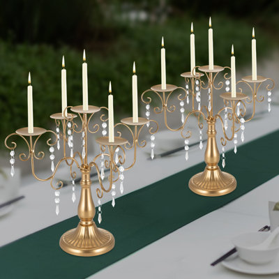 15.35"H Iron Tabletop Candelabra With Crystals Decor