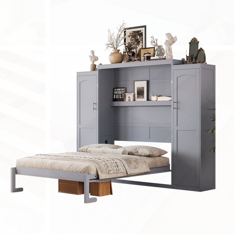 Lit escamotable double avec 2 armoires et tablette de rangement, plateforme pliable multifonctionnelle pour chambre d'amis, chambre à coucher