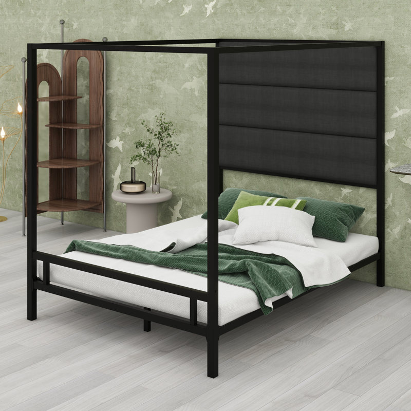 Ensemble de lit à baldaquin contemporain en métal avec tête de lit tapissier en lin, Grand lit, Black,Dark Grey