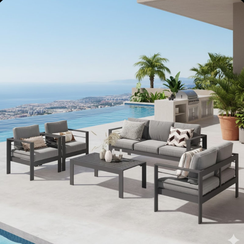 Ensemble de conversation 5 pièces pour patio moderne en aluminium, canapé d'extérieur 7 places avec coussins épais gris foncé et structure grise et table basse