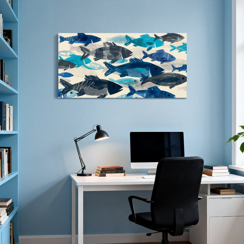 Animals Blue Fish Pattern Art Print Canvas, 28" H x 58" W