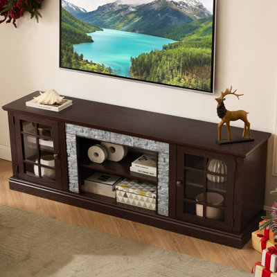 70" Modern Cherry Tv Stand With Faux Stone, 2-door Storage, 75'' Capacity, 6 Cable Management Outlets