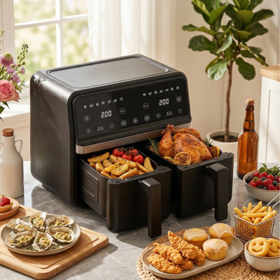 Friteuse à air chaud à double panier, panier XL pour poulet entier de 9 litres, design compact à double compartiment, 14 fonctions en 1 avec réchauffage et déshydratation, noire