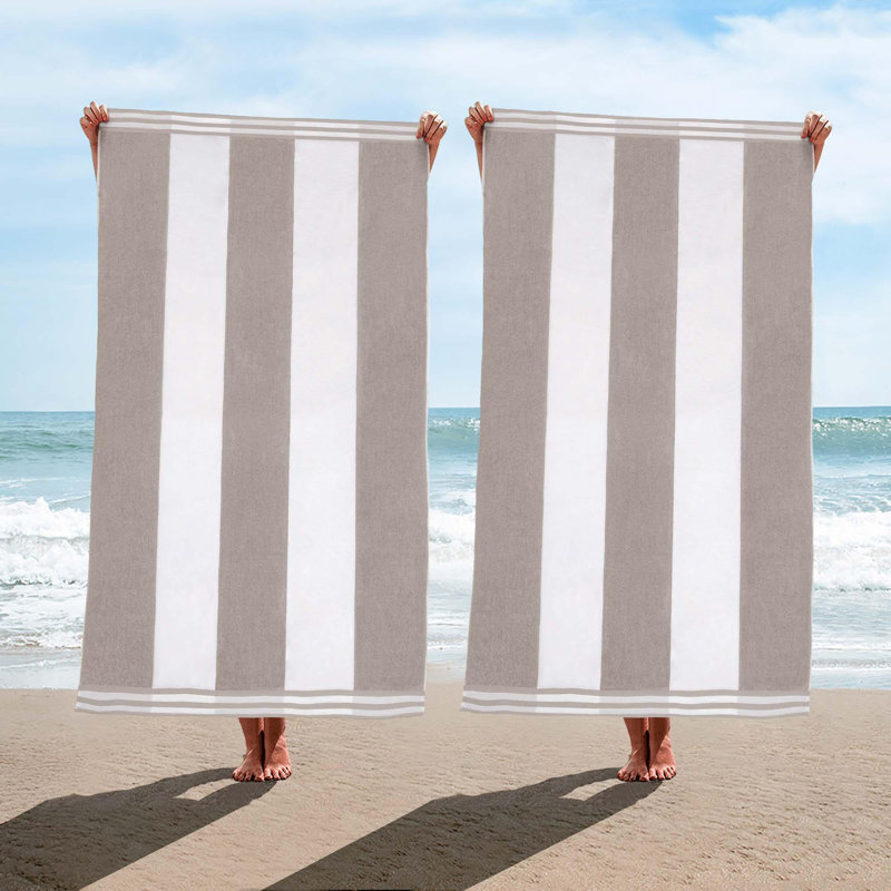 Calheta Cotton Oversized Cabana Stripe Beach Towels, Light Gray, 2