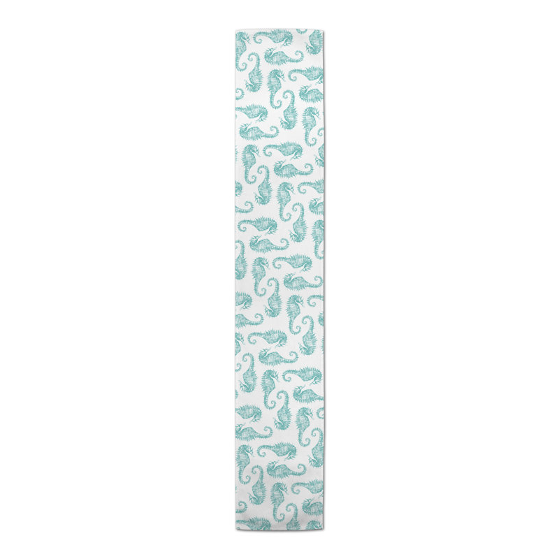 Watercolor Seahorse Coral Table Runner, 90" x 16", Teal, 37