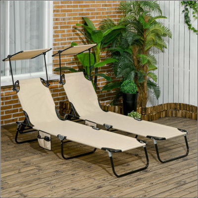 Folding Chaise Lounge Pool Chairs, Outdoor Sun Tanning Chairs With Canopy Shade, Reclining Back, Steel Frame And Side Pocket For Beach, Yard, Patio, Tan