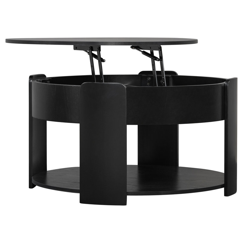 Table basse ronde FFZ 32,5 po de style ferme, plateau relevable en MDF noir avec rangement dissimulé