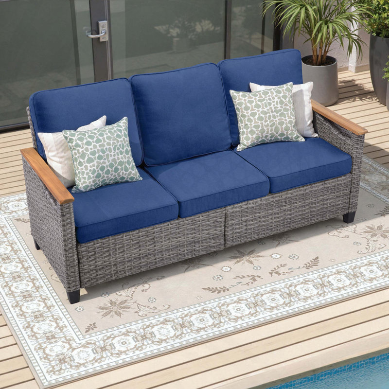 69.7-Inch Wide Deep Seating Outdoor Wicker Couch with 4-Inch Cushions, Blue