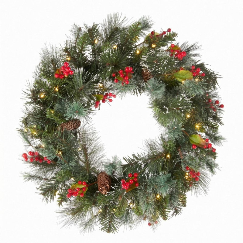 Couronne de Noël artificielle pré-éclairée 19,69 pouces avec lumières DEL, pommes de pin et baies rouges