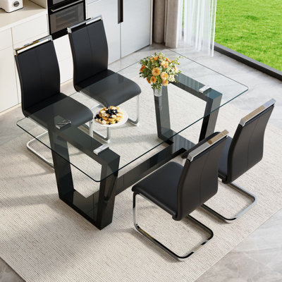 63'' Dining Table Set For 4–6 People, Modern Tempered Glass Kitchen Table With Faux Leather Chairs