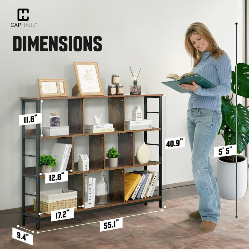 55-Inch Wide 10 Cube 3 Tier Industrial Open Shelf Bookcase with Metal Frame, Rustic Oak, Brown, 40.9" H x 55.1" W x 9.4" D