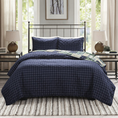 / Courtepointe double / grand bleu marine, réversible avec patchwork et tissu écossais, rembourrage en coton, taies décoratives à fermeture à glissière pour chambre à coucher 3 pièces bleu marine - motifs réversibles et à carreaux, microfibre douce, fermeture à glissière
