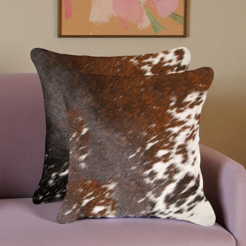 Trio Supply House 18 inch Cowhide Throw Pillows (set of 2), Brown/White Animal Print, Cotton, Square 17.83"