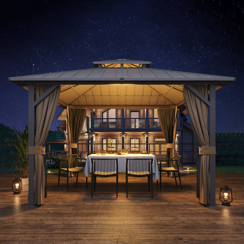Pavillon de jardin en aluminium 12 pi x 12 pi avec double toit en acier, moustiquaire et rideaux