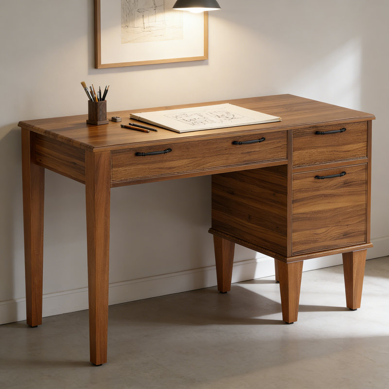 Bureau d'ordinateur rectangulaire avec plateau en bois d'ingénierie brun et base en bois brun pour le bureau à domicile