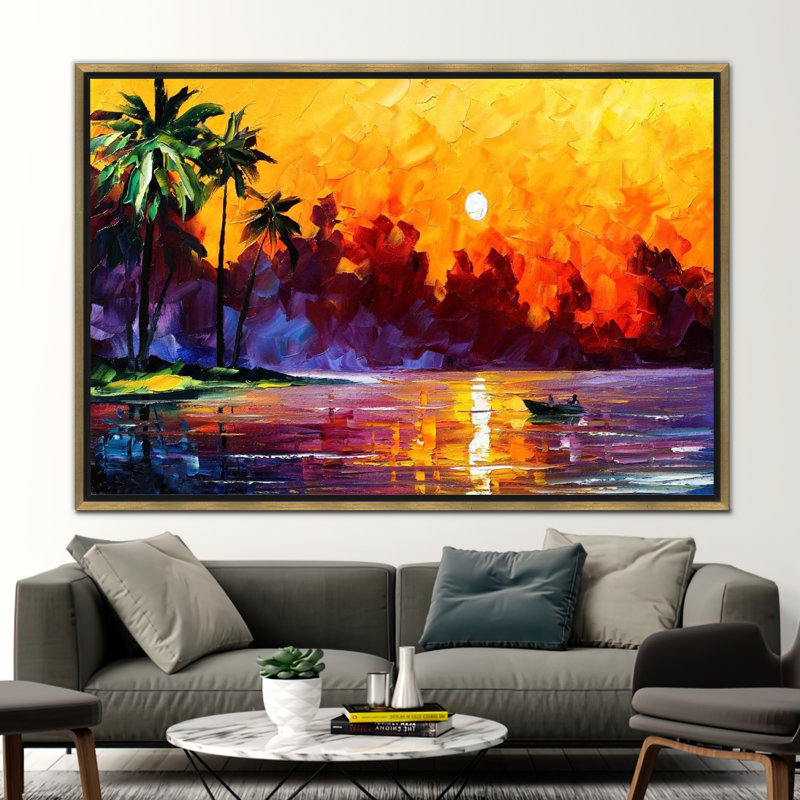 «Vibrant Summer Beach Scene», affiche sur toile pour la maison, H 45 po x l 65 po, Cadre flottant doré