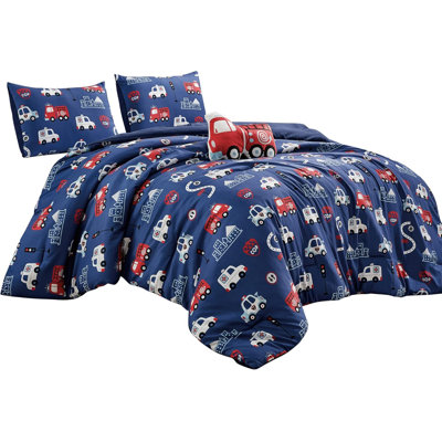 Blue Red Firetrucks Comforter Set Embroidery Soft Bedding Set