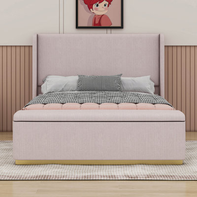 Structure de lit tapissier en velours côtelé grand format avec repose-pieds avec rangement, tête de lit à oreilles et pied de lit à rayures verticales
