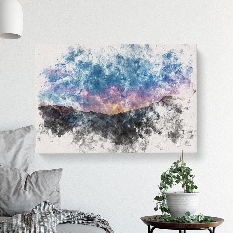 Colourful Stars Over The Mountain Watercolour - Wrapped Canvas Print, 60cm H x 91cm W x 3cm D